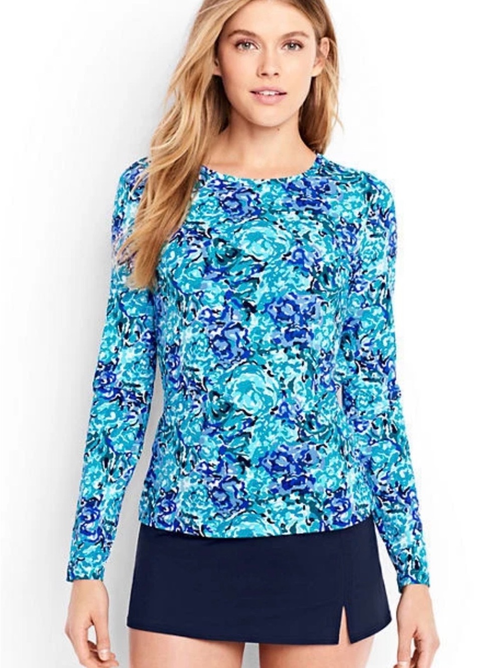 Lands’End long sleeve swim rash guard UPF 50 watercolor floral abstract beach S